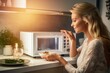 Stock Photo - woman enjoying a meal heats food in a microwave. Fictional Character Created By Generated By Generated AI.