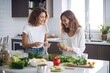 Two Women Laughing and Enjoying Time Preparing Food Together. Fictional Character Created By Generated By Generated AI.