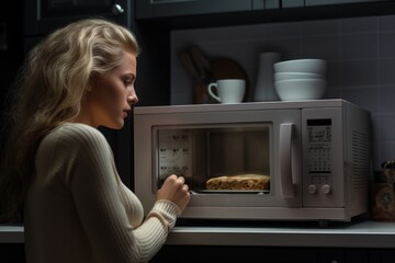 Wall Mural - A woman in a kitchen, waiting for her pizza to cook in the microwave. Fictional Character Created By Generated By Generated AI.