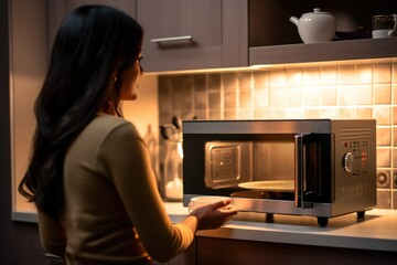 Wall Mural - A woman interacting with a microwave in the kitchen. Fictional Character Created By Generated By Generated AI.