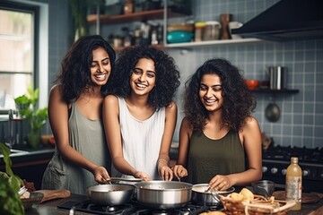 Three women cooking together in a kitchen.. Fictional Character Created By Generated By Generated AI.