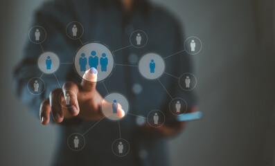 Aufkleber - HR, human resources management concept. Person touch connected network of human resources for organizational structure. employment headhunting, candidate. teamwork organization and brainstorm.