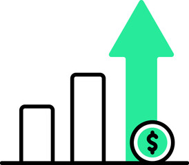 Sticker - Dollar growing graph chart icon in green and black color.