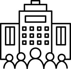 Sticker - People standing in front of building icon in thin line art.