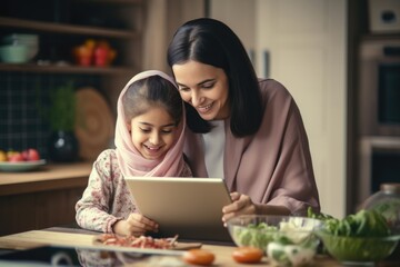 Wall Mural - A Mother and Daughter Using a Tablet Together