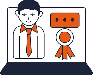 Sticker - Illustration of Businessman with Badge Medal and Message in Laptop Screen icon.