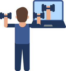 Wall Mural - Online looking Man doing weightlifting with dumbbells and laptop icon in blue color.