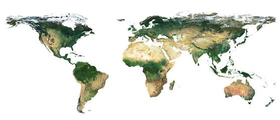 High resolution satellite image of Earth. Panoramic planet map with texture surface. World map, Earth flat view on white background or Detailed global world physical map illustration. 