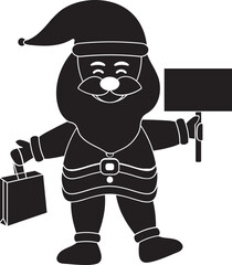 Poster - B&W Illustration Of Santa Claus Holding Shopping Bag With Empty Signboard.