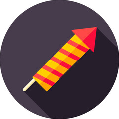 Sticker - Red and Yellow fireworks rocket icon on purple round background.