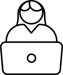 Poster - Black line art illustration of Woman working in laptop icon.