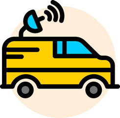 Poster - Satellite dish on bus icon in yellow and blue color.