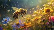 Pollen-covered honeybee gracefully hovering over a cluster of vibrant wildflowers, its delicate wings beating rhythmically as it forages for nectar.