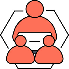 Sticker - Online Group meeting or people working in laptop icon in orange color.