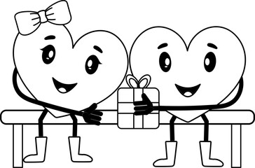 Sticker - Black And White Heart Character Giving Gift To His Lover Sit On Bench.