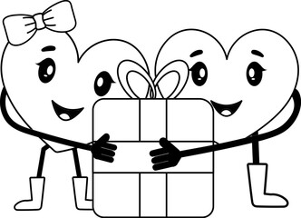 Poster - Cute Heart Couples Holding Gift Icon In Black And White Color.