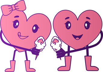 Wall Mural - Lovely Heart Couple Enjoying Ice Creams Icon In Pink And Purple Color.