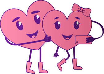 Poster - Cheerful Heart Couple Taking Selfie Together In Pink And Purple Color.