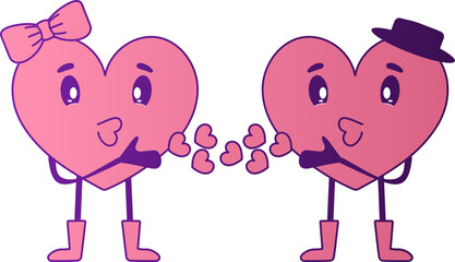 Wall Mural - Cartoon Heart Couple Flying Kiss Each Other In Pink And Purple Color.