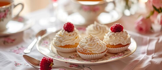 Wall Mural - A dish of baked goods featuring cupcakes topped with whipped cream and raspberries, displayed on a table