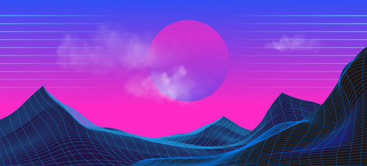 Poster - Synthwave retro background with grid mountain and neon pink sunset. Realistic vector illustration of new retro wave backdrop in 80s style. Abstract wireframe geometric hills landscape with sun.