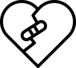 Canvas Print - Vector illustration of broken heart with bandage in black line art.