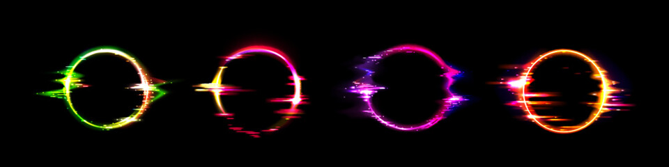 Poster - neon circle frame with glitch effect. realistic vector illustration set of retro futuristic ring des