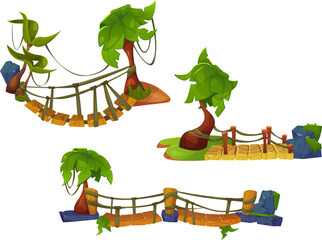 Poster - rope bridges set isolated on white background. vector cartoon illustration of wooden suspension foot