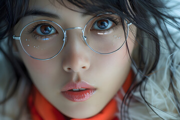 Wall Mural - portrait of a pretty japanese lass, glasses, crystal lips