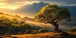 Europe, amidst the captivating Mediterranean landscape, a mesmerizing tree stands tall as the sun sets behind the rolling mountains, casting a golden glow upon the enchanting, Generative AI