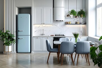 A modern kitchen with white walls, blue and white furnishings, a fridge, a stove, and a sizable dining table is seen from the front. idea of freshly prepared meals. Generative AI