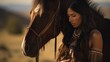 A heartfelt moment captured as a Native American woman embraces her horse, showcasing a deep connection and mutual respect. 
