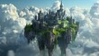 In a realm of fantasy, a majestic castle perches atop towering cliffs, floating amidst a sea of billowing clouds under a bright, clear sky.