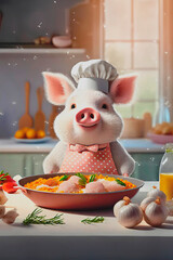 Cute cartoon pig chef cooking paella