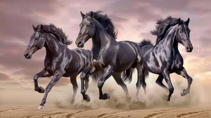 Wall Mural - a group of three black horses running across a sandy field with a pink sky in the background and a few clouds in the sky.