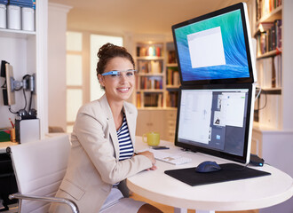 Woman, portrait and smart glasses at computer screen with dual multi monitor for tech startup, futuristic or innovation. Female person, face and home office with connection eyewear, cyber or online