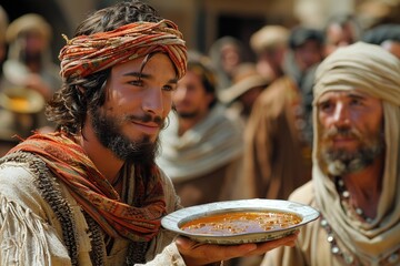 Jacob gives a plate of soup to Esau, Bible story. Sale of firstborn.