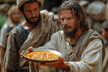 Jacob gives a plate of soup to Esau, Bible story. Sale of firstborn.