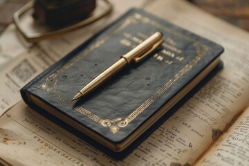 A vintage black notebook with a golden pen on top, resting on aged paper background with handwritten text.