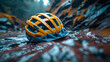 An outdoor protective safety sports bicycle helmet. A bicycle helmet is lying on the road. Blurred background, forest road, close-up, raindrops. Ai generated image