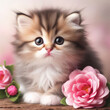 Cartoon fluffy baby kitten with big eyes and a pink flower