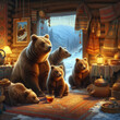 A family of brown bears preparing for hibernation in their den, snow outside, generative ai
