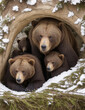 A family of brown bears preparing for hibernation in their den, snow outside, generative ai