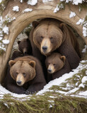 Fototapeta Na drzwi - A family of brown bears preparing for hibernation in their den, snow outside, generative ai