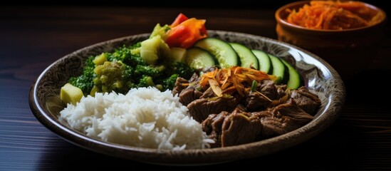 Sticker - A detailed look at a plate of food on a table, featuring Basmati rice mixed with vegetables, tender beef slices, and a serving of Mulukhiyah soup. The vibrant colors and textures of the dish are