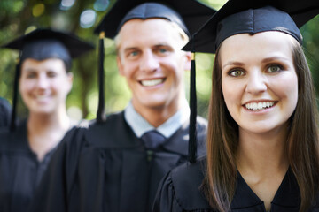 Sticker - Student, portrait and graduation with woman and friends outdoor at university, college and study ceremony. Education, campus and class at certificate, degree and school event with smile together