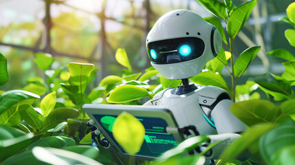 Engaging illustration of an AI mascot using a digital tablet to educate about sustainability and green technology