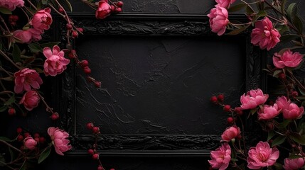 Wall Mural - Pink roses flowers floral arrangement nature wedding or Valentines day backdrop with white frame on black background