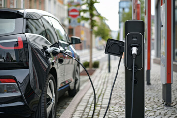 Electric car charging at station in city street. AI generative