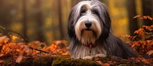 A Black And White Bearded Collie Dog Sits In The Midst Of A Forest During Autumn, Looking Up With A Pleading Expression.